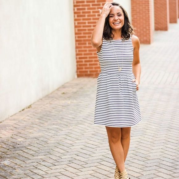 J. Crew Dresses & Skirts - ✨ J. Crew Black & White Striped Fit and Flare Dress w/ Pockets large